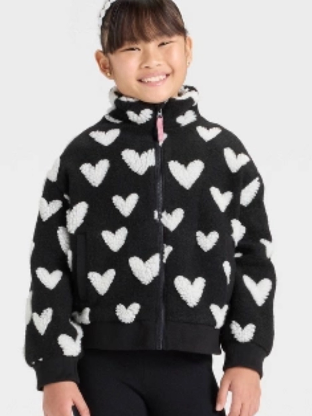 Girls Black Heart Jacquard Cozy Fleece Jacket SZ 14 w/ matching Beanie Hat NWT